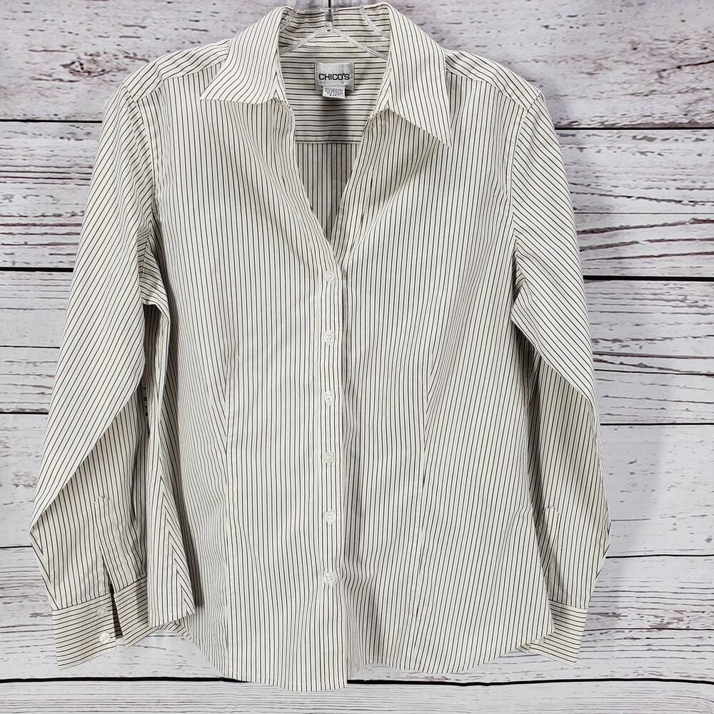 Chico's Blue White Gold Metallic Striped Button Up Long Sleeve Top Size 1